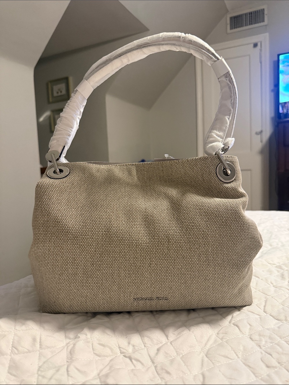 Michael Kors Beige Canvas Shoulder Tote with Silver Grommets